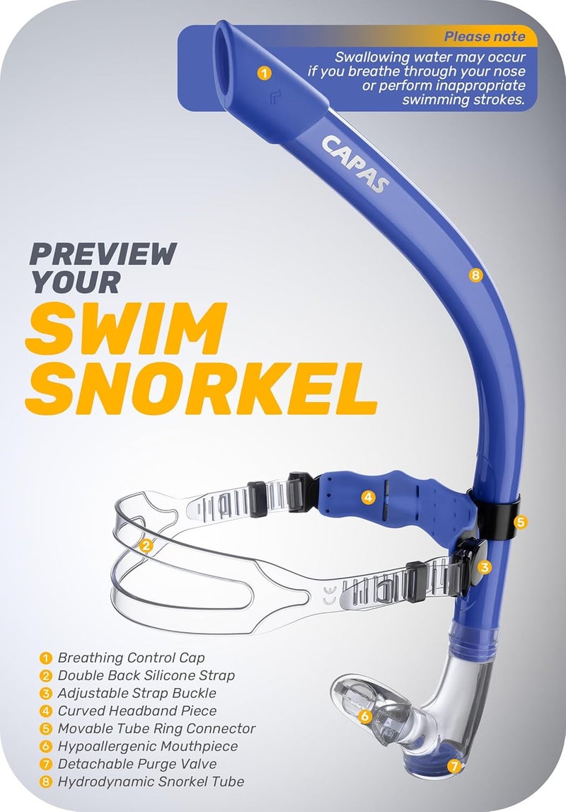 Capas Training Swim Snorkel for Lap Swimming, Swivel Headband Ultimate Fit Center-Mount Swimmers Snorkel with Liquid Silicone Mouthpiece Adjustable Strap, Designed for Adult Men Women - Image 2